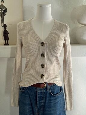 Madewell Ribbed Cardigan Oatmeal V-Neck Button Front Cotton Blend S NWT